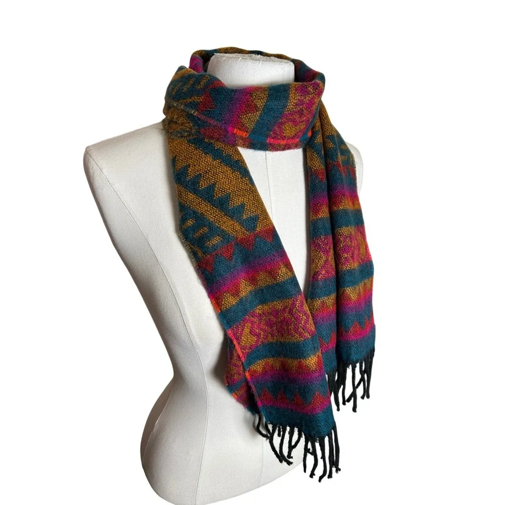 Vintage Southwestern Aztec Tribal Geometric Knit Scarf Retro Made in Japan‎